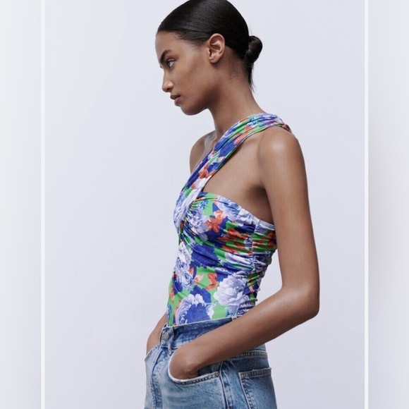 Zara Floral Asymmetrical Bodysuit Size Small NWT - Picture 5 of 16
